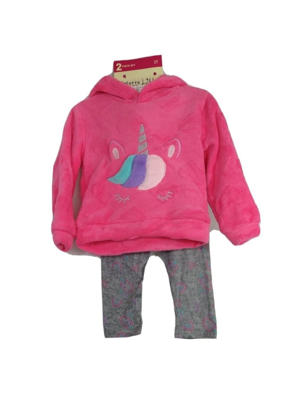 Colette Lilly Outfit Unicorn Plush Top & Leggings Pants Girls Size 2T Pink Grey